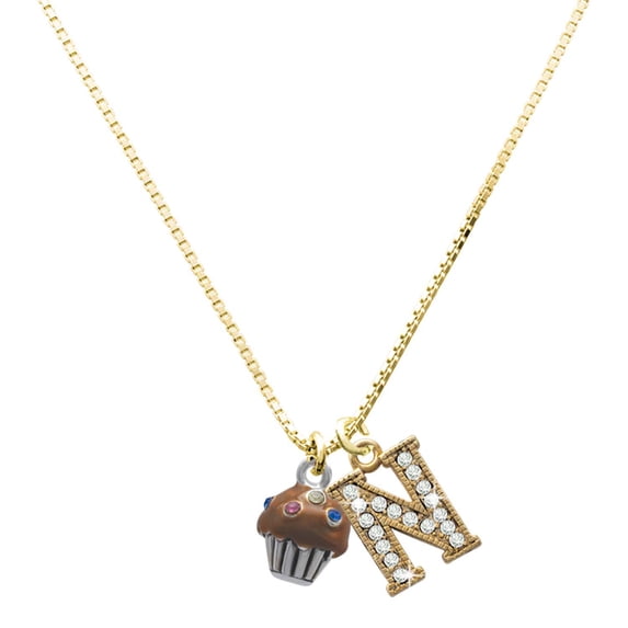 Delight Jewelry Silver-tone Small Chocolate Cupcake with Crystal Sprinkles - Large Goldtone Crystal Initial - N - Charm Necklace, 17.5"+2"
