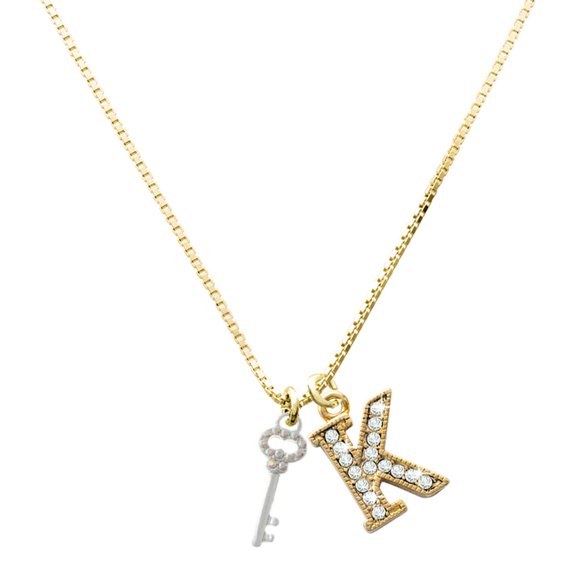 Delight Jewelry Silver-tone Small Clear AB Crystals Oval Key - Large Goldtone Crystal Initial - K - Charm Necklace, 17.5"+2"