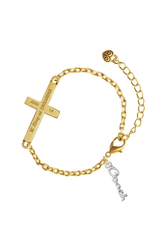 Silver-tone Small Coach Script - Gold Tone Joshua 1:9 Strong and Courageous Engraved Cross Charm Bracelet, 6.5+1.5" Extender