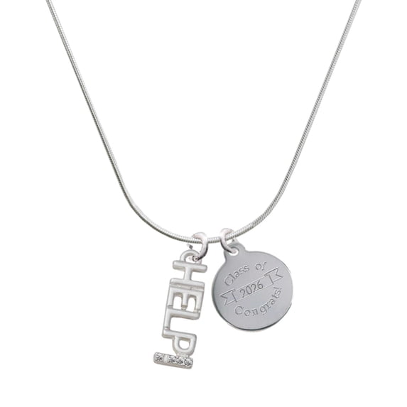 Delight Jewelry Silver-tone Small Crystal HELP! - Engraved Congrats Class of 2026 Charm Necklace, 18"