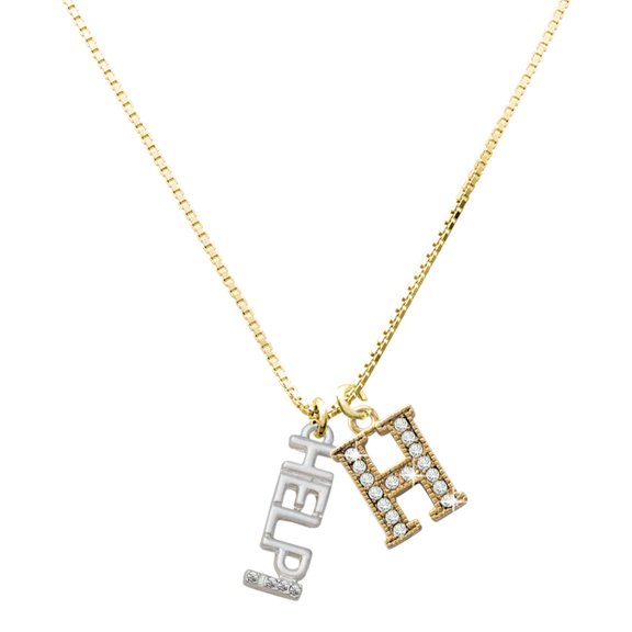 Delight Jewelry Silver-tone Small Crystal HELP! and Large Goldtone Crystal Initial H Charm Necklace, 17.5"+2"