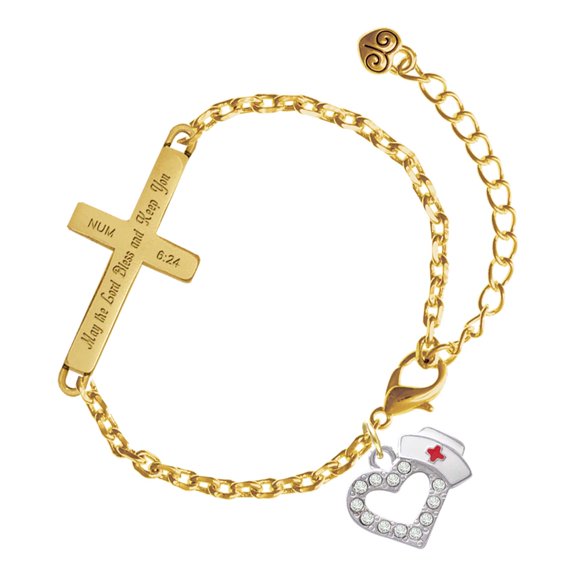 Delight Jewelry Silver-tone Small Crystal Heart with Nurse Hat - Gold Tone Numbers 6:24 May the Lord Bless You Engraved Cross Charm Bracelet, 6.5+1.5" Extender