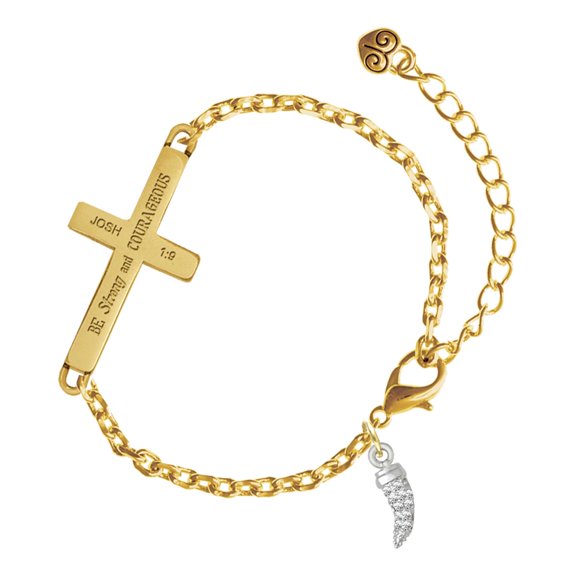 Delight Jewelry Silver-tone Small Crystal Lucky Tiger Tooth - Gold Tone Joshua 1:9 Strong and Courageous Engraved Cross Charm Bracelet, 6.5+1.5" Extender