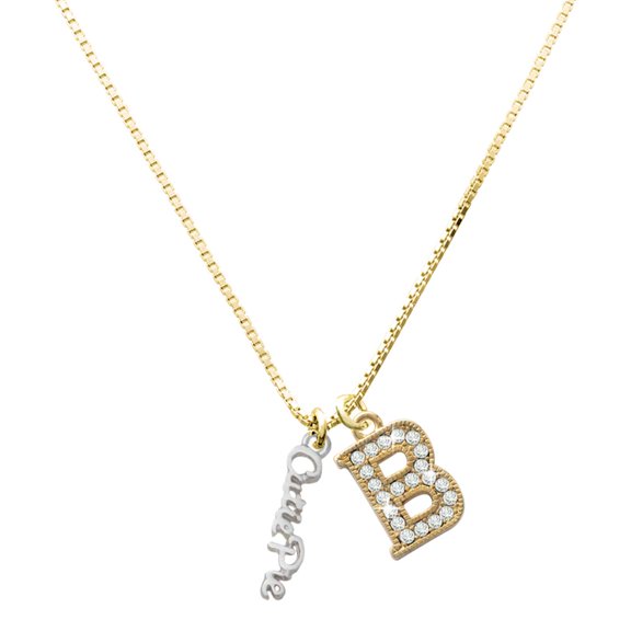 Delight Jewelry Silver-tone Small Cutie Pie Script - Large Goldtone Crystal Initial - B - Charm Necklace, 17.5"+2"