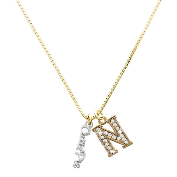 Delight Jewelry Silver-tone Small Cutie Pie Script - Large Goldtone Crystal Initial - N - Charm Necklace, 17.5"+2"