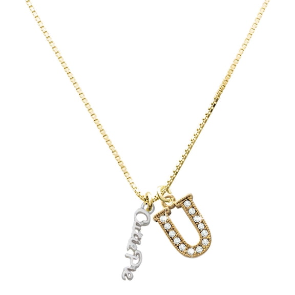 Delight Jewelry Silver-tone Small Cutie Pie Script - Large Goldtone Crystal Initial - U - Charm Necklace, 17.5"+2"