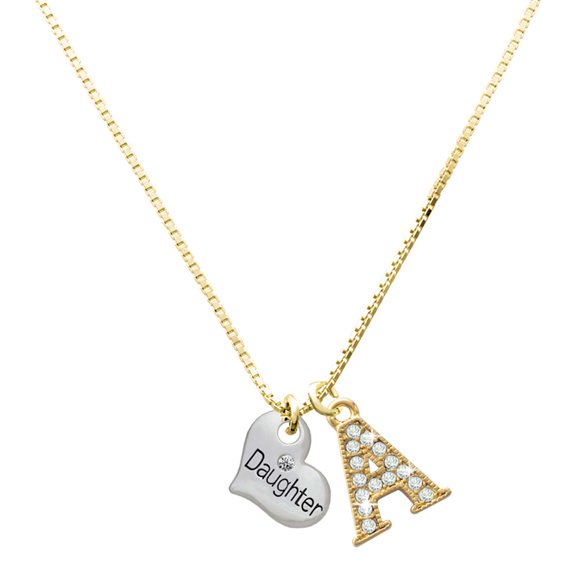 Delight Jewelry Silver-tone Small ''Daughter'' Heart with Clear Crystal - Large Goldtone Crystal Initial - A - Charm Necklace, 17.5"+2"