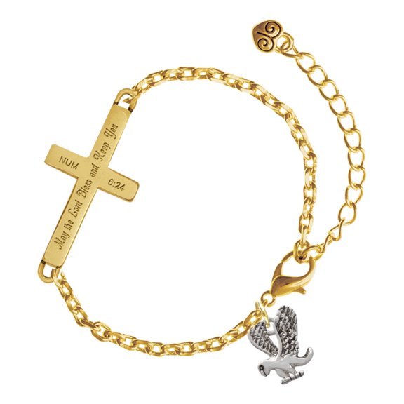 Delight Jewelry Silver-tone Small Eagle - Mascot - Gold Tone Numbers 6:24 May the Lord Bless You Engraved Cross Charm Bracelet, 6.5+1.5" Extender