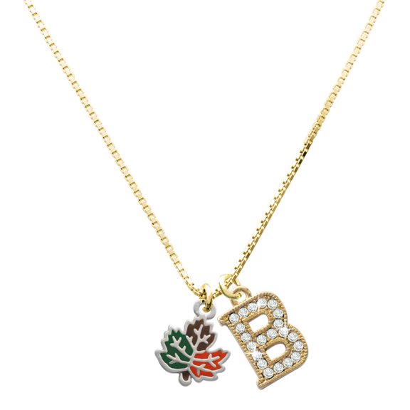 Delight Jewelry Silver-tone Small Enamel Fall Leaf - Large Goldtone Crystal Initial - B - Charm Necklace, 17.5"+2"