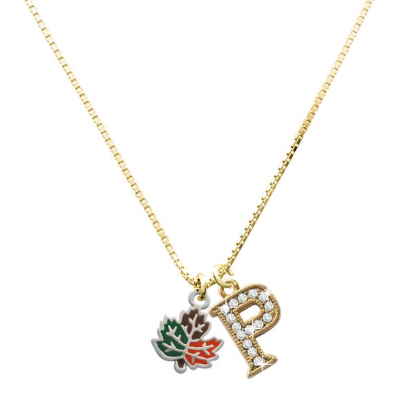Delight Jewelry Silver-tone Small Enamel Fall Leaf - Large Goldtone Crystal Initial - P - Charm Necklace, 17.5"+2"