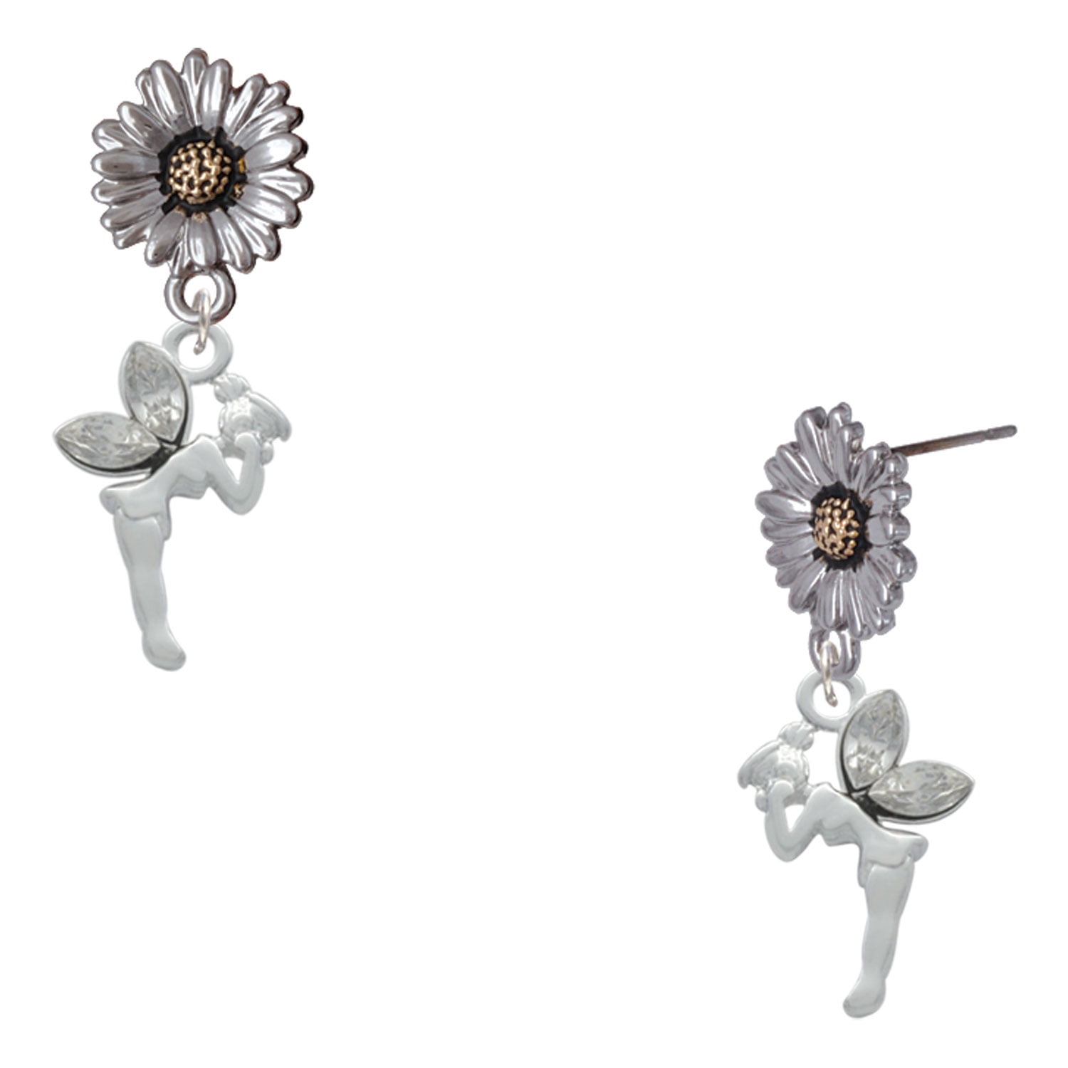 Delight Jewelry Silver-tone Small Fairy with Clear Wings - Two-tone Daisy Flower Post Earrings