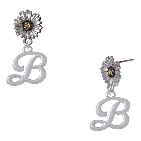 Delight Jewelry Silver-tone Small Gelato Script Initial - B - Two-tone Daisy Flower Post Earrings