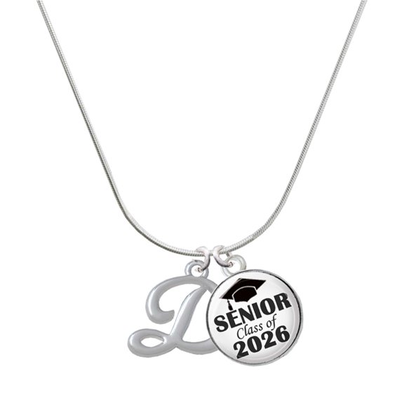 Delight Jewelry Silver-tone Small Gelato Script Initial - D - Silvertone Senior Class of 2026 Dome Necklace, 18"