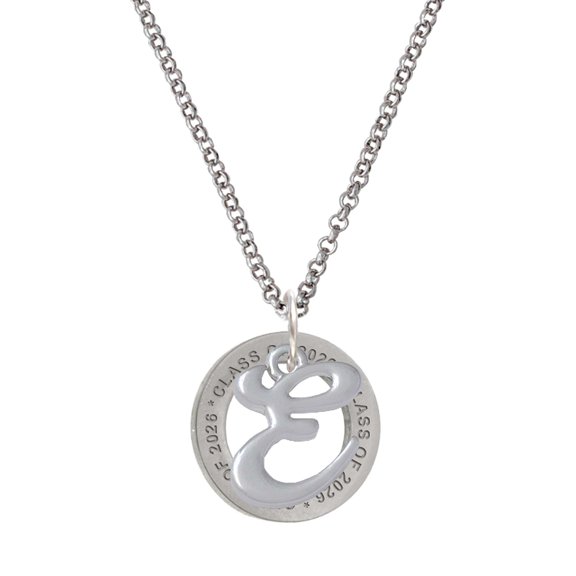 Delight Jewelry Silver-tone Small Gelato Script Initial - E - Class of 2026 Affirmation Ring Necklace, 23"