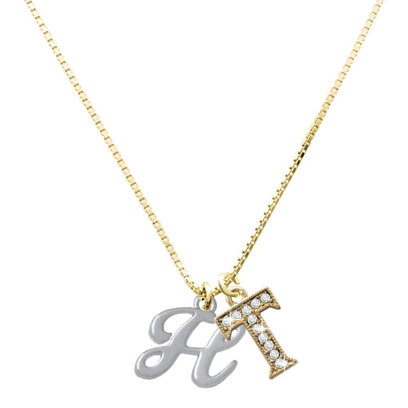 Delight Jewelry Silver-tone Small Gelato Script Initial - H - Large Goldtone Crystal Initial - T - Charm Necklace, 17.5"+2"
