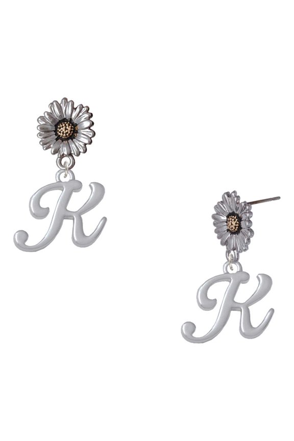 Silver-tone Small Gelato Script Initial - K - Two-tone Daisy Flower Post Earrings