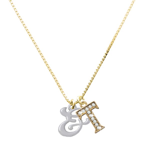 Delight Jewelry Silver-tone Small Gelato Script Initial - & - Large Goldtone Crystal Initial - T - Charm Necklace, 17.5"+2"