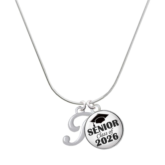 Delight Jewelry Silver-tone Small Gelato Script Initial - T - Silvertone Senior Class of 2026 Dome Necklace, 18"