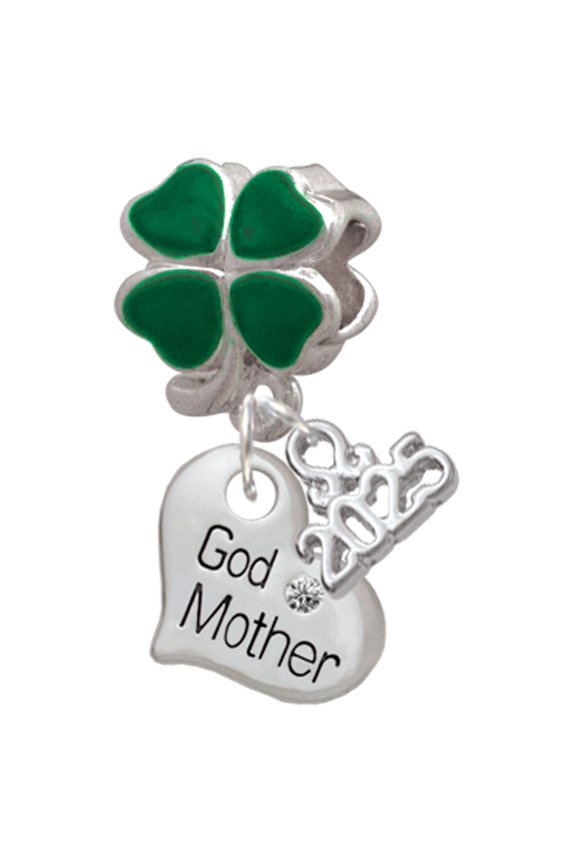 Silver-tone Small ''Godmother'' Heart with Clear Crystal - Good Luck Green Four Leaf Clover Charm Bead Dangle with Mini 2025
