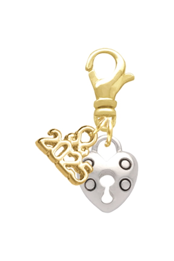 Silver-tone Small Heart Lock with Keyhole - Gold-tone Clip on Charm with Mini Year 2025