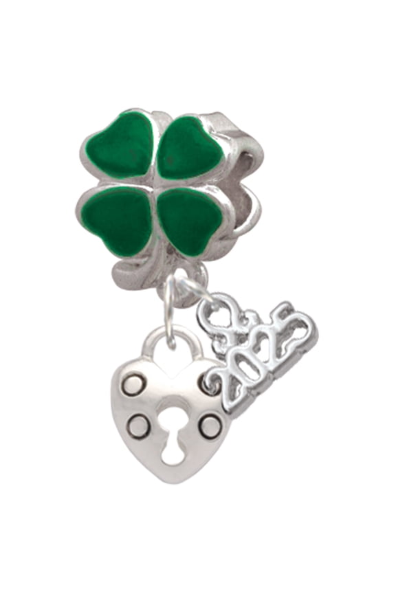 Silver-tone Small Heart Lock with Keyhole - Good Luck Green Four Leaf Clover Charm Bead Dangle with Mini 2025