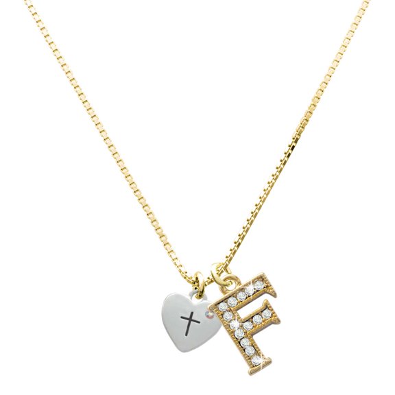 Delight Jewelry Silver-tone Small Heart with Cross & Fish with Crystal Charm and Goldtone Crystal Initial F Charm Necklace, 17.5"+2"