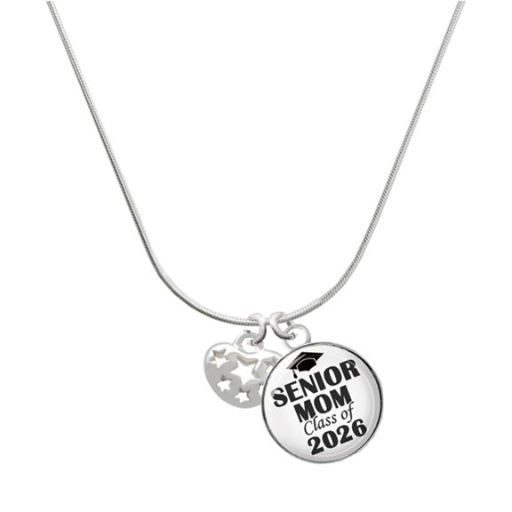 Delight Jewelry Silver-tone Small Heart with Cut Out Stars - Silvertone Senior Mom Class of 2026 Dome Necklace, 18"