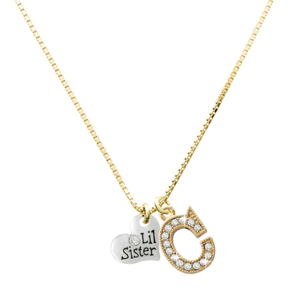 Delight Jewelry Silver-tone Small ''Lil Sister'' Heart with Clear Crystal - Large Goldtone Crystal Initial - C - Charm Necklace, 17.5"+2"