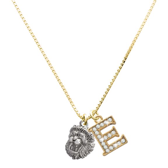 Delight Jewelry Silver-tone Small Lion - Mascot with Large Goldtone Crystal Initial E Charm Necklace, 17.5"+2"