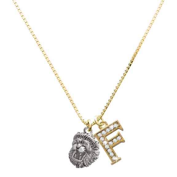 Delight Jewelry Silver-tone Small Lion - Mascot - Large Goldtone Crystal Initial - F - Charm Necklace, 17.5"+2"