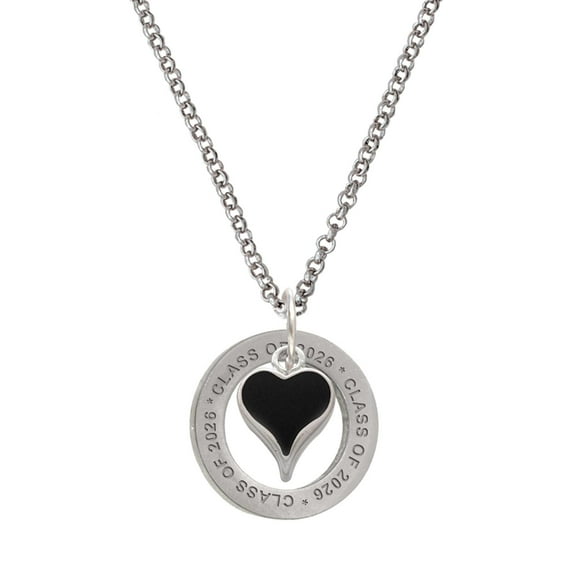 Delight Jewelry Silver-tone Small Long Black Heart - Class of 2026 Affirmation Ring Necklace, 23"