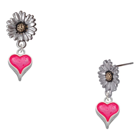 Delight Jewelry Silver-tone Small Long Hot Pink Heart - Two-tone Daisy Flower Post Earrings