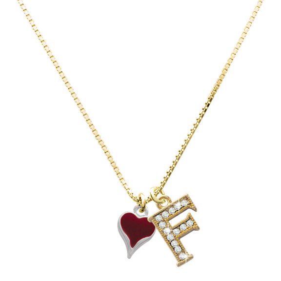 Delight Jewelry Silver-tone Small Long Maroon Heart - Large Goldtone Crystal Initial - F - Charm Necklace, 17.5"+2"