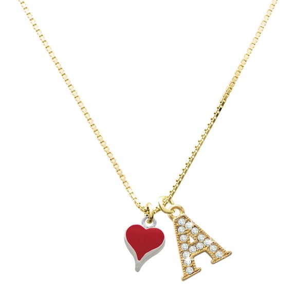 Delight Jewelry Silver-tone Small Long Red Heart - Large Goldtone Crystal Initial - A - Charm Necklace, 17.5"+2"