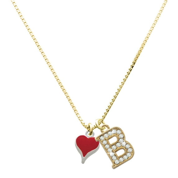 Delight Jewelry Silver-tone Small Long Red Heart - Large Goldtone Crystal Initial - B - Charm Necklace, 17.5"+2"