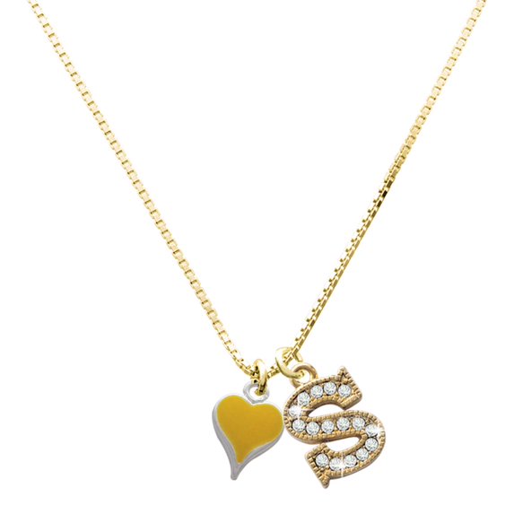 Delight Jewelry Silver-tone Small Long Yellow Heart - Large Goldtone Crystal Initial - S - Charm Necklace, 17.5"+2"