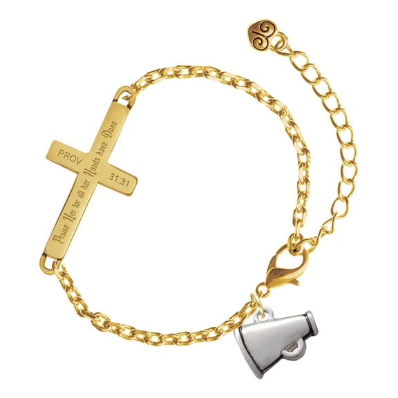 Delight Jewelry Silver-tone Small Megaphone - Gold Tone Proverbs 31:31 Praise Her for all Her Hands have Done Engraved Cross Charm Bracelet, 6.5+1.5" Extender