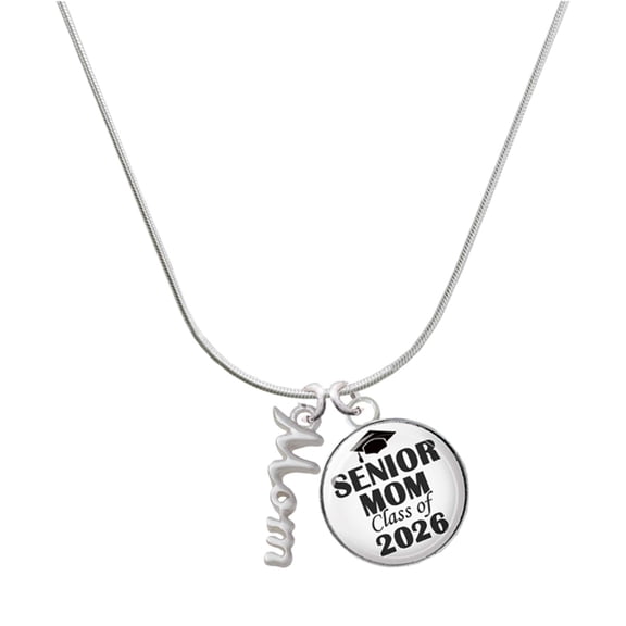 Delight Jewelry Silver-tone Small Mom Script - Silvertone Senior Mom Class of 2026 Dome Necklace, 18"