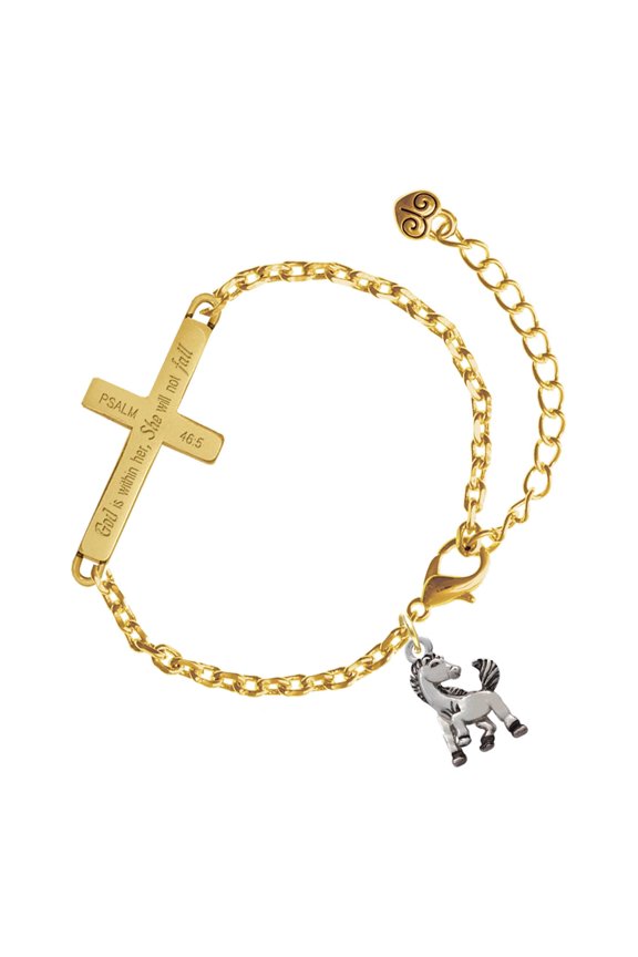 Silver-tone Small Mustang - Mascot - Gold Tone Psalm 46:5 She will not fall Engraved Cross Charm Bracelet, 6.5+1.5" Extender