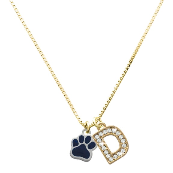 Delight Jewelry Silver-tone Small Navy Blue Paw with a Large Goldtone Crystal Initial - D - Charm Necklace, 17.5"+2"