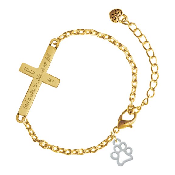 Delight Jewelry Silver-tone Small Open Paw - Gold Tone Psalm 46:5 She will not fall Engraved Cross Charm Bracelet, 6.5+1.5" Extender