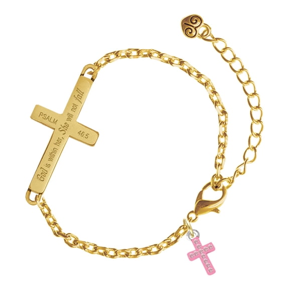 Delight Jewelry Silver-tone Small Pink Crystal Cross - Gold Tone Psalm 46:5 She will not fall Engraved Cross Charm Bracelet, 6.5+1.5" Extender