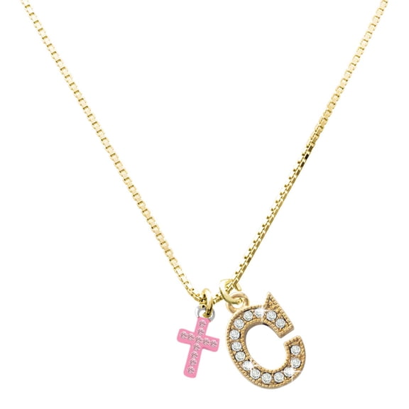 Delight Jewelry Silver-tone Small Pink Crystal Cross - Large Goldtone Crystal Initial - C - Charm Necklace, 17.5"+2"