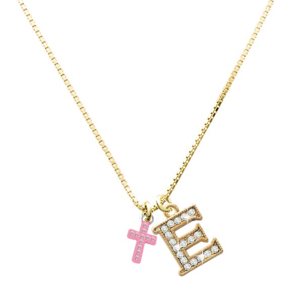 Delight Jewelry Silver-tone Small Pink Crystal Cross - Large Goldtone Crystal Initial - E - Charm Necklace, 17.5"+2"