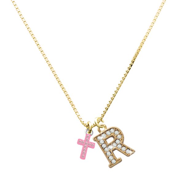 Delight Jewelry Silver-tone Small Pink Crystal Cross - Large Goldtone Crystal Initial - R - Charm Necklace, 17.5"+2"