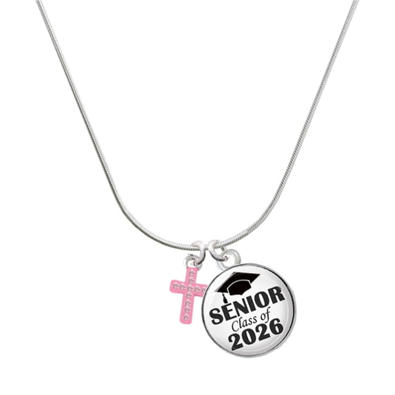Delight Jewelry Silver-tone Small Pink Crystal Cross - Silvertone Senior Class of 2026 Dome Necklace, 18"