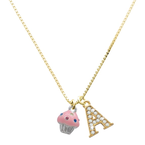 Delight Jewelry Silver-tone Small Pink Cupcake with Crystal Sprinkles - Large Goldtone Crystal Initial - A - Charm Necklace, 17.5"+2"