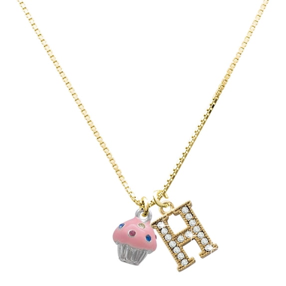 Delight Jewelry Silver-tone Small Pink Cupcake with Crystal Sprinkles and a Large Goldtone Crystal Initial H Charm Necklace, 17.5"+2"