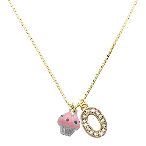Delight Jewelry Large Goldtone Crystal Initial Necklace, featuring Silver Tone Small Pink Cupcake with Crystal Sprinkles Charm, 17.5"+2", O