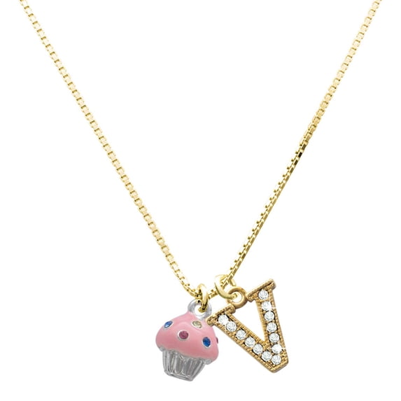 Delight Jewelry Silver-tone Small Pink Cupcake with Crystal Sprinkles - Large Goldtone Crystal Initial - V - Charm Necklace, 17.5"+2"